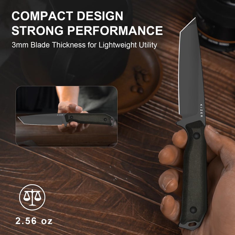 KIZER Begleiter Fix Fixed Blade Knife, 3.74" Tanto 3V Blade Hunting Knives with Kydex Sheath, Brown Richlite Handle EDC Knife for Camping Hunting Survival 1045MT1 - Image 5